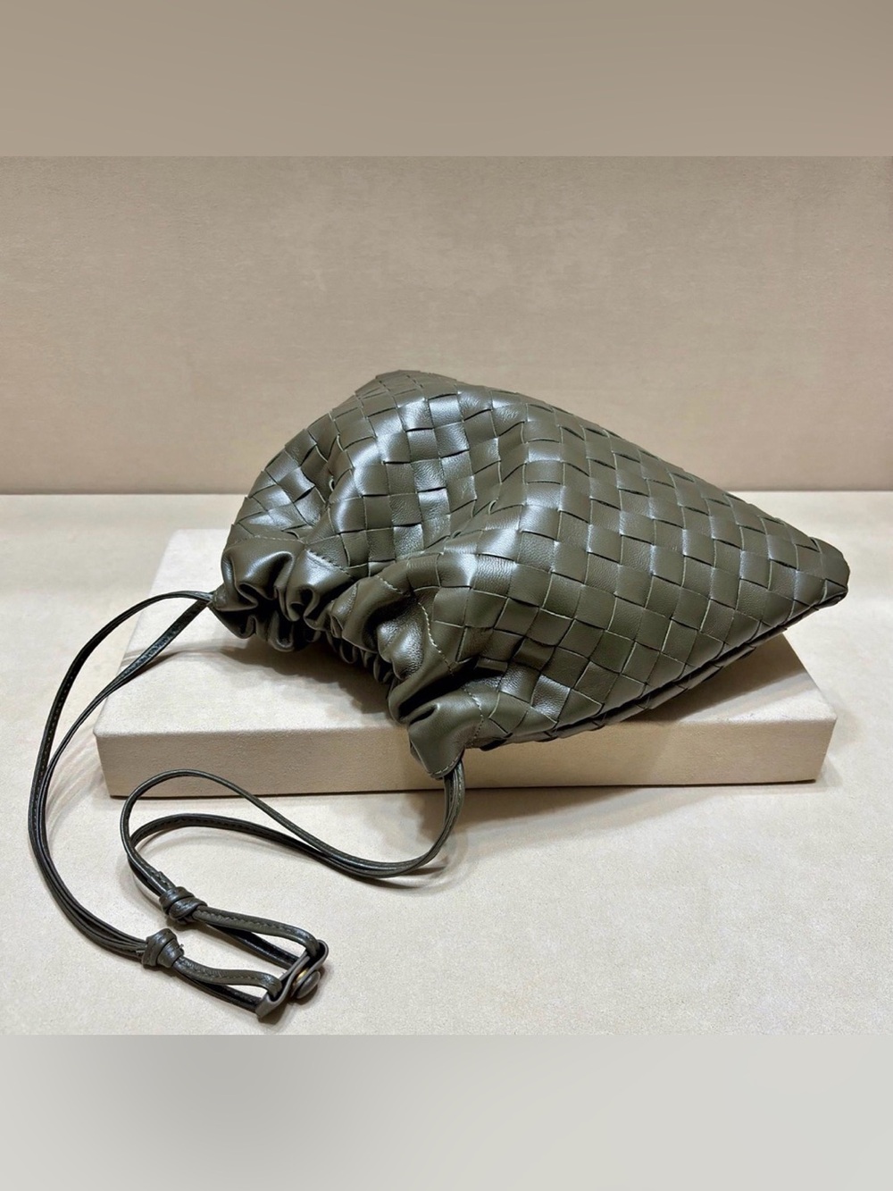 Leather Woven Drawstring Purse in Olive Green - Picture 2 of 6